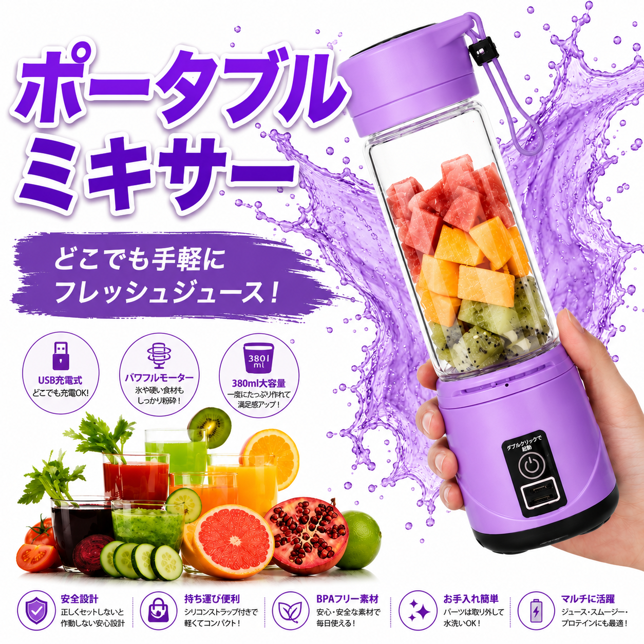 380ml ポータブルUSBミキサー|フレッシュジュース・シェイク対応 コンパクトブレンダー
