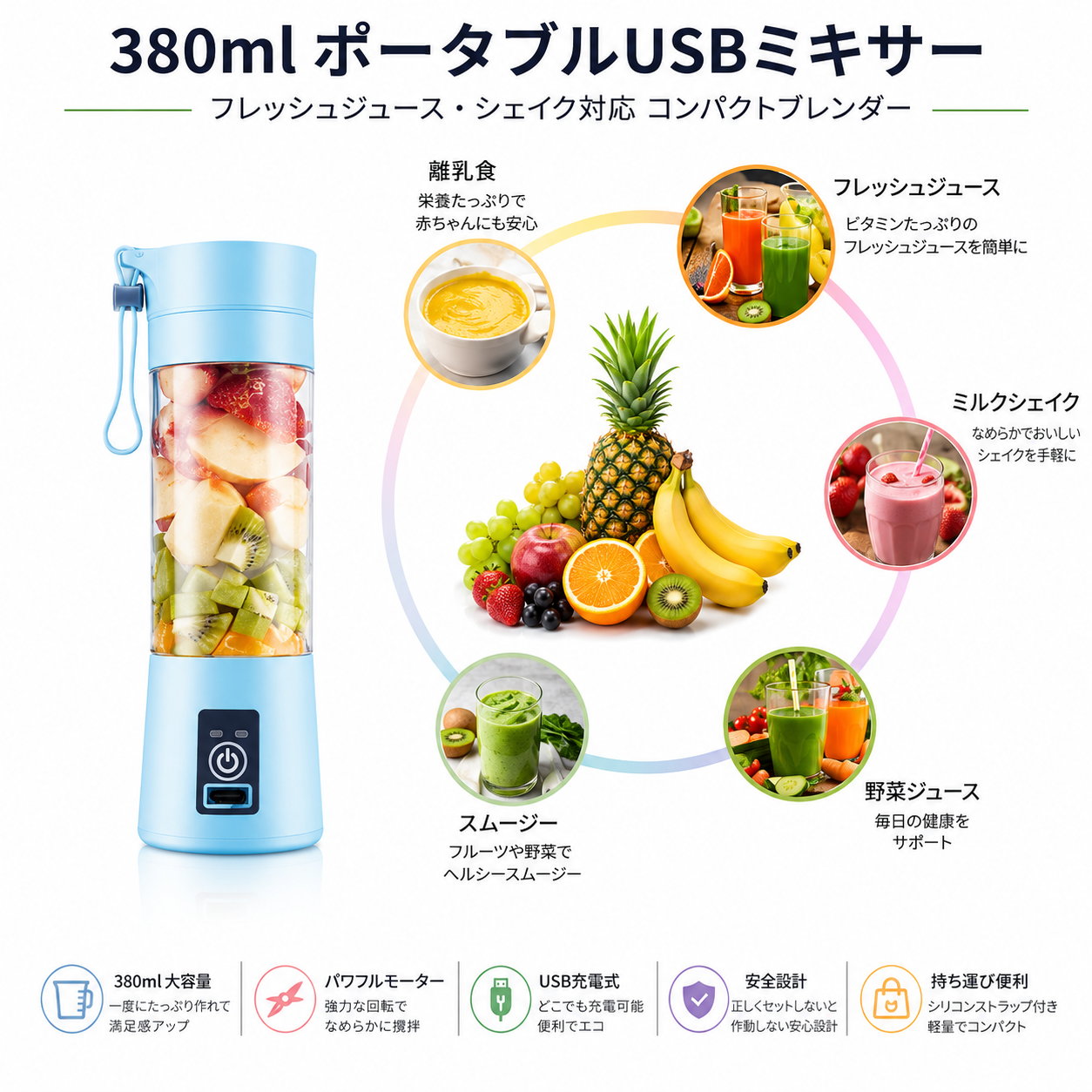 380ml ポータブルUSBミキサー｜フレッシュジュース・シェイク対応 コンパクトブレンダー