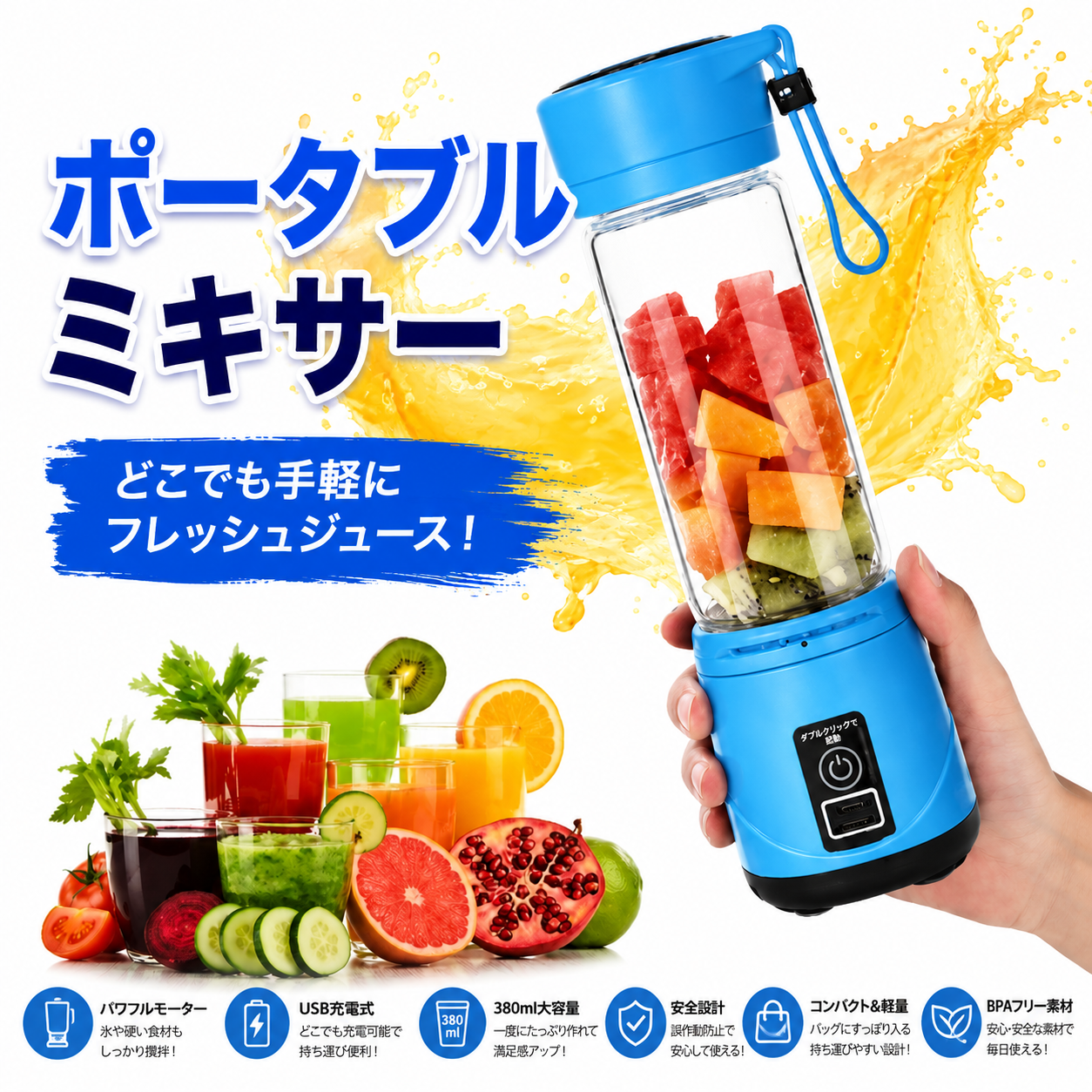 380ml ポータブルUSBミキサー｜フレッシュジュース・シェイク対応 コンパクトブレンダー