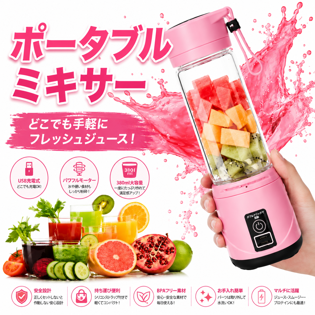 380ml ポータブルUSBミキサー｜フレッシュジュース・シェイク対応 コンパクトブレンダー